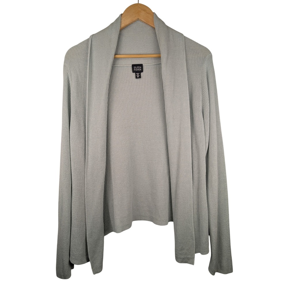 Eileen Fisher Italian Yarn Cotton Silk Ribbed Open Front Cardigan Sage Green XL